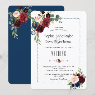 Chic Burgundy Navy Blue Floral Frame Wedding Einladung