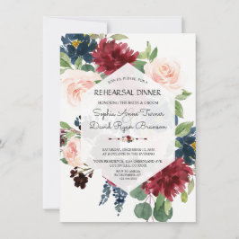 Chic Burgundy Navy Floral Hexagon Probe Dinner Einladung