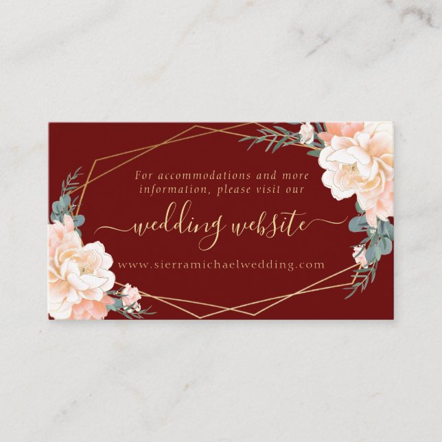 Chic Burgundy Peach Gold Floral Wedding Website Begleitkarte (Vorderseite)