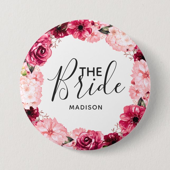 Chic Burgundy & Pink Blumenreath The Bridge Button (Vorderseite)