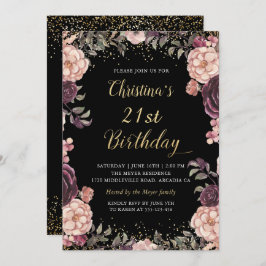 Chic Burgundy Pink Floral Black Birthday Party Einladung