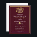 Chic Burgundy Red & Gold Masquerade Sweet 16 Party Einladungspostkarte<br><div class="desc">Chic Burgundy Red & Gold Masquerade Sweet 16 Party Postcard Einladungen. Mit einer goldenen Folienmaske aus Imitaten oben vor bordeauxrotem Hintergrund. Perfekt für eine moderne und dennoch schicke,  süße 16 Geburtstagsparty!</div>