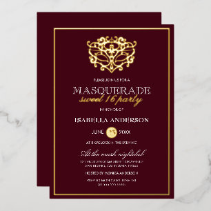 Chic Burgundy Red & Gold Masquerade Sweet 16 Party Folieneinladung