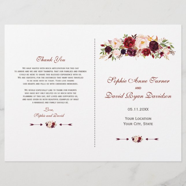 Chic Burgundy Red Marsala Floral Wedding Program (Vorderseite)
