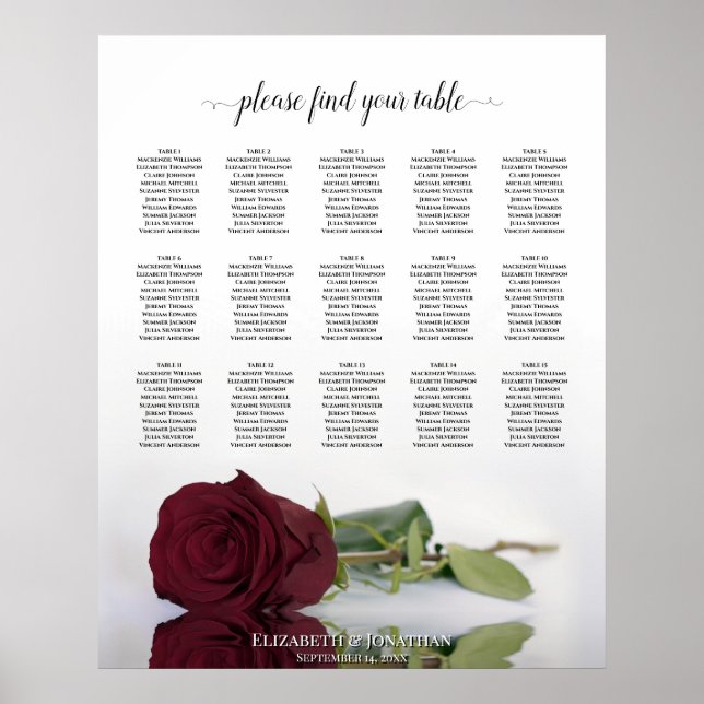 Chic Burgundy Rose 15 Tabelle Hochzeitstabelle Poster (Vorne)