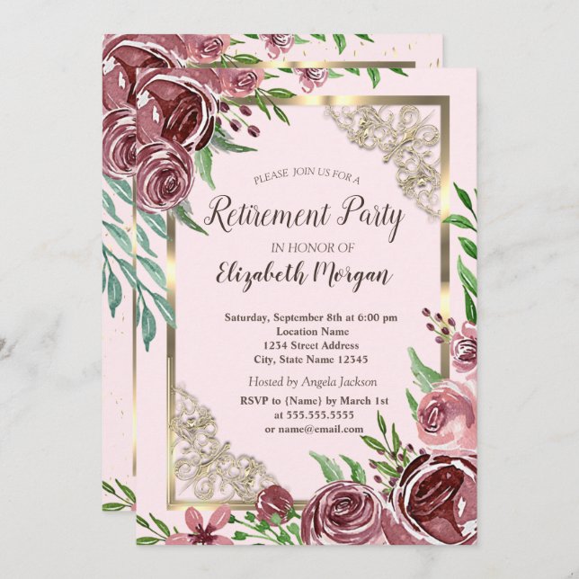 Chic Burgundy Rose Gold-Frame-Rückgabe Einladung (Vorne/Hinten)