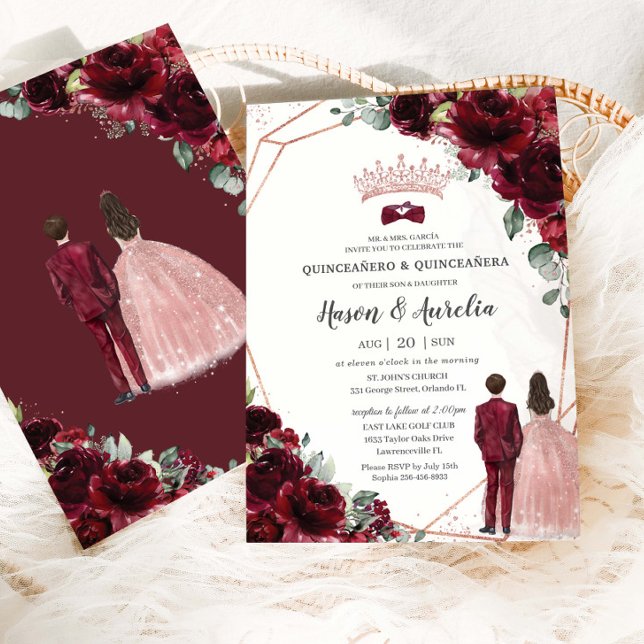 Chic Burgundy Rose Gold Twins Boy Girl Quinceanera Einladung (Von Creator hochgeladen)