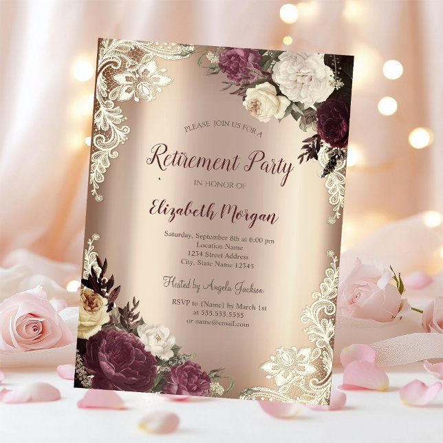 Chic Burgundy Rose, Spitzenruhestand Einladung (Von Creator hochgeladen)