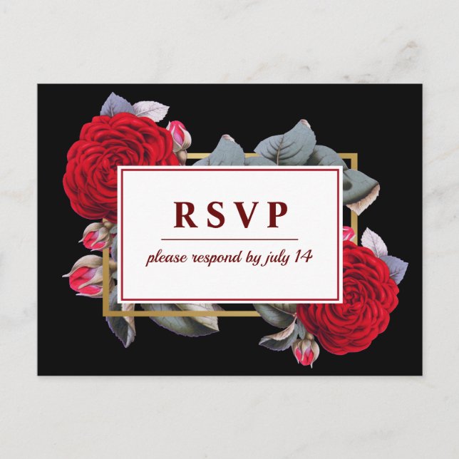 Chic Burgundy Rote Rose Blossom Black Wedding RSVP Einladungspostkarte (Vorderseite)