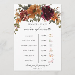 Chic Burgundy Rust Floral Wedding Order of Event Programm