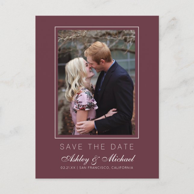 Chic Burgundy Save the Date Verlobung Foto Ankündigungspostkarte (Vorderseite)