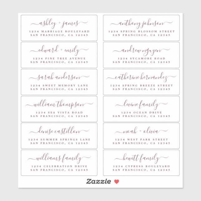 Chic Burgundy Script Wedding Guest Address Labels (Blatt)