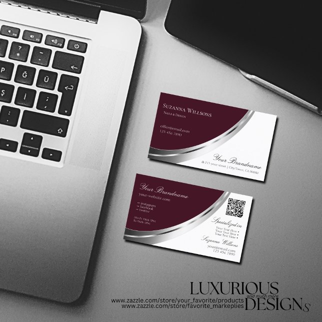 Chic Burgundy und White Silver Dekor mit QR-Code Visitenkarte (Von Creator hochgeladen)