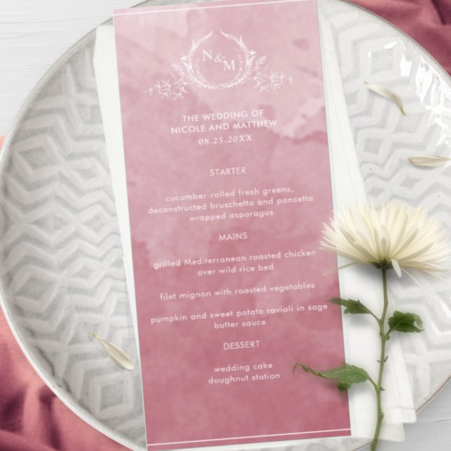 Chic Burgundy Watercolor, Monogram Wedding Menu Menükarte (Von Creator hochgeladen)