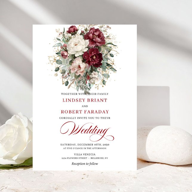 Chic Burgundy White Eucalyptus Wedding Invitation Einladung (Chic Burgundy White Eucalyptus Wedding Invitation)