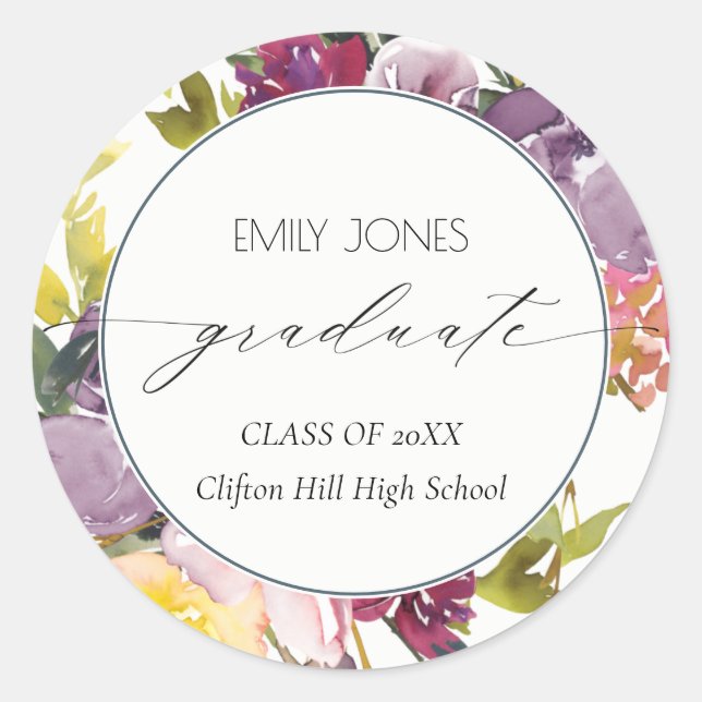 Chic Burgundy Yellow Pink Foto Abschluss Runder Aufkleber (Vorderseite)