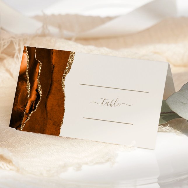 Chic Burnt Orange Gold Agate Ivory Wedding Table Platzkarte (Von Creator hochgeladen)