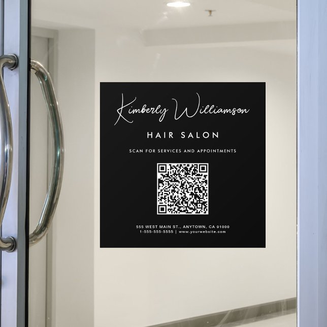 Chic Business Name Signature Script QR Code Black Fensteraufkleber (Chic Business Name Signature Script QR Code Black Window Cling)