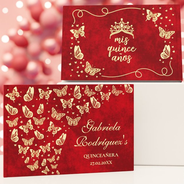 Chic Butterfly Gold Red Quinceñera Mis Quince Gästebuch (Chic Butterfly Gold Red Quinceañera Mis Quince Foil Guest Book)