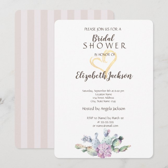 Chic Cactus Gold Glitzer Heart Brautparty Einladung (Vorne/Hinten)