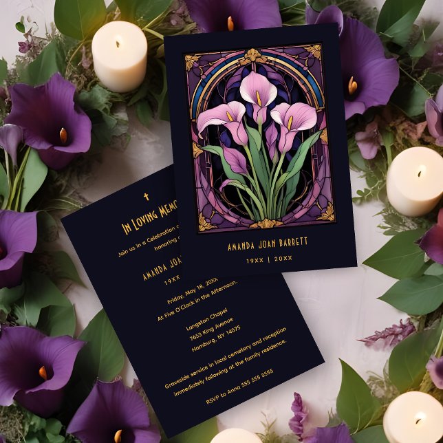 Chic Callas Bouquet Purple Shades Stained Glass Einladung (Romantic Callas Bouquet in Purple Shades Stained Glass Effect Funeral Invitations Cards.)