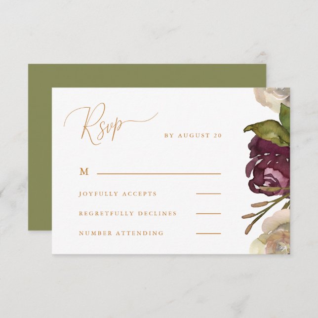 Chic Calligraphie mit floral Green Wedding Rsvp (Vorne/Hinten)