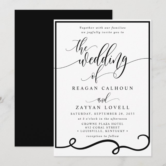 Chic Calligraphy Black and White Wedding Einladung (Vorne/Hinten)