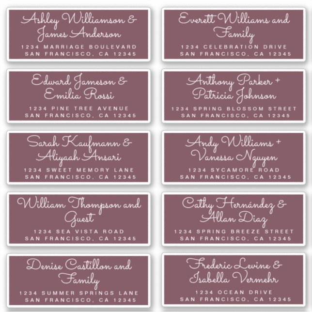 Chic Calligraphy Burgundy Guest Address Labels (Vorderseite)