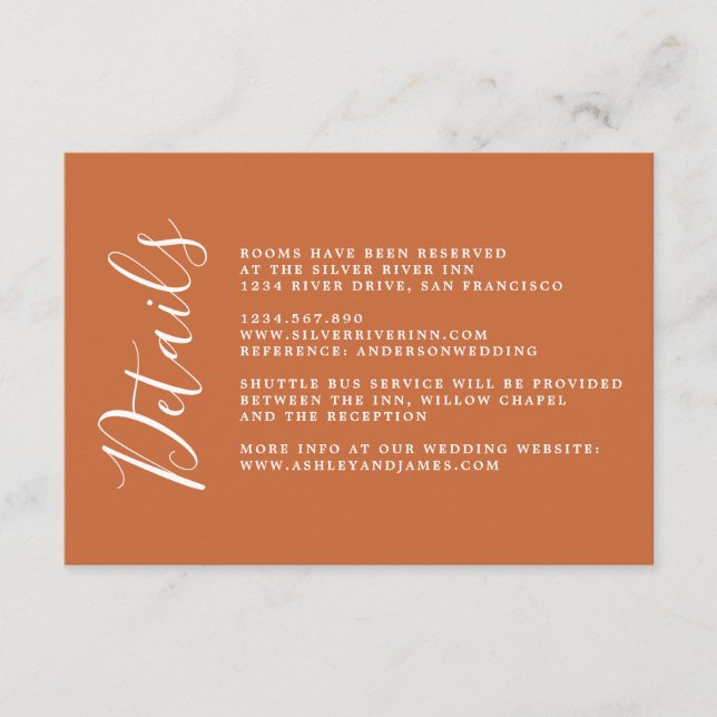 Chic Calligraphy Burnt Orange Wedding Details Begleitkarte (Vorderseite)