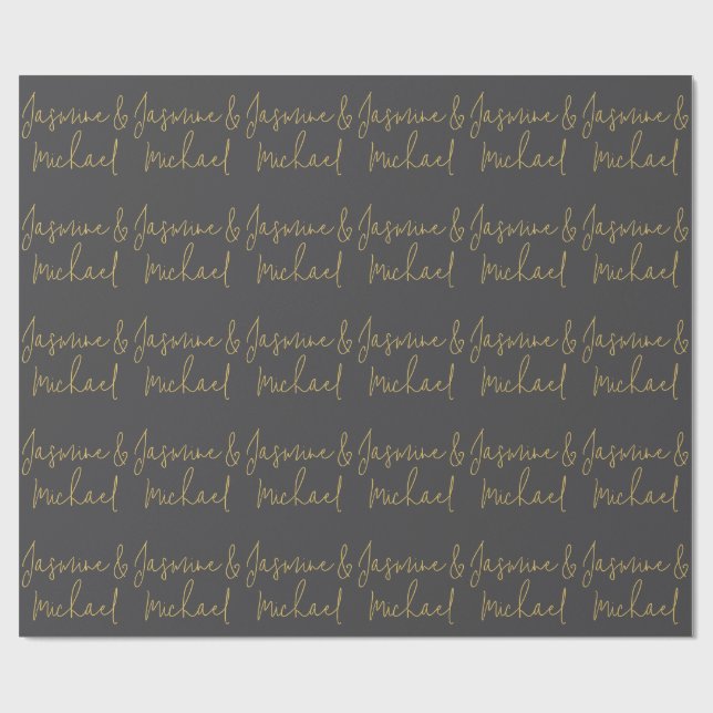 Chic Calligraphy Couple Names Gray & Gold Geschenkpapier (Flach)