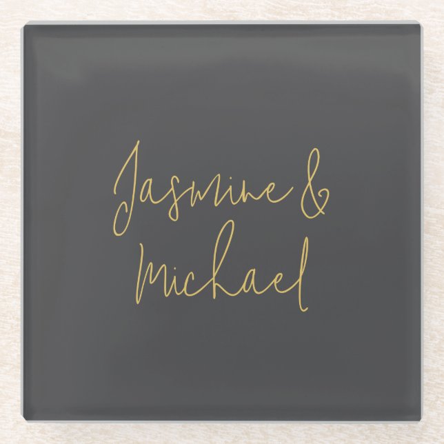 Chic Calligraphy Couple Names Gray & Gold Glasuntersetzer (Vorderseite)