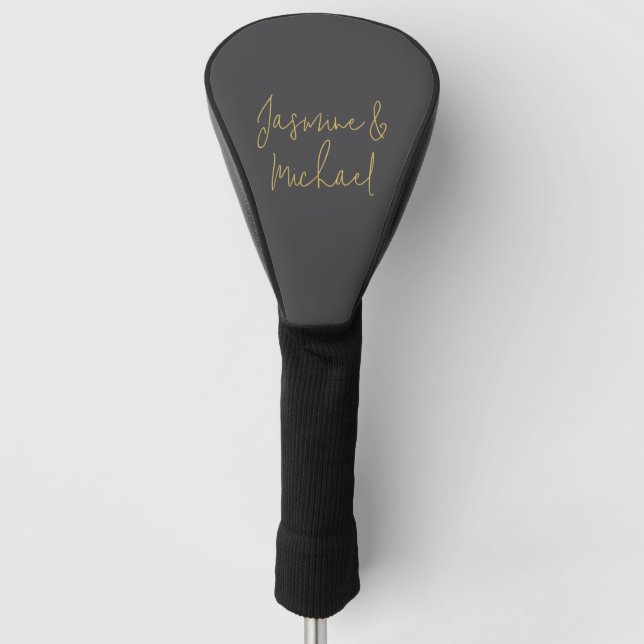 Chic Calligraphy Couple Names Gray & Gold Golf Headcover (Vorderseite)