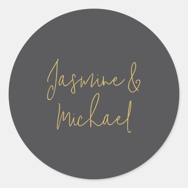 Chic Calligraphy Couple Names Gray & Gold Runder Aufkleber (Vorderseite)