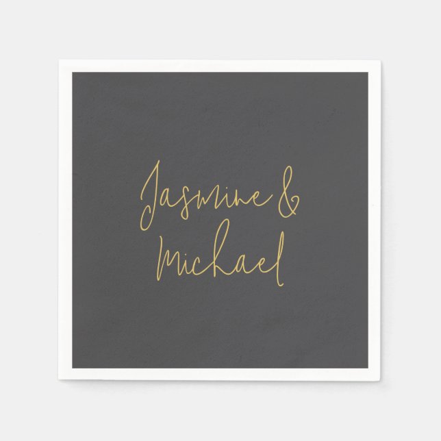 Chic Calligraphy Couple Names Gray & Gold Serviette (Vorderseite)