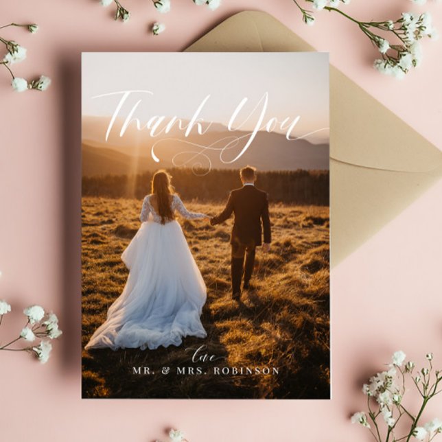 Chic Calligraphy Elegant Wedding Foto Dankeskarte (Von Creator hochgeladen)