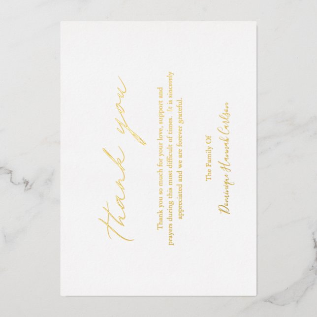 Chic Calligraphy Gold Foil Beerdigung Danke Karte (Vorderseite)