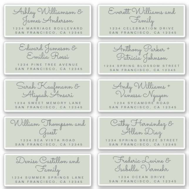 Chic Calligraphy Green Guest Address Labels (Vorderseite)