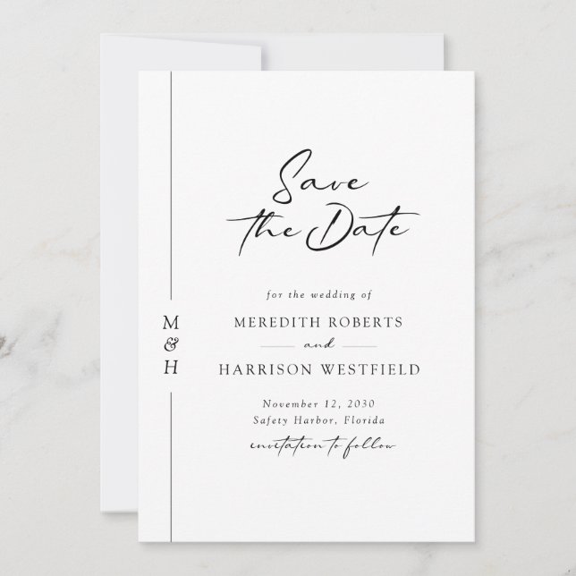 Chic Calligraphy Monogram Black and White Wedding Save The Date (Vorderseite)