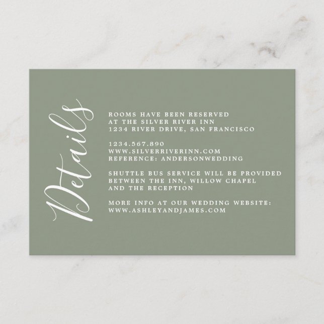 Chic Calligraphy Sage Green Wedding Details Begleitkarte (Vorderseite)