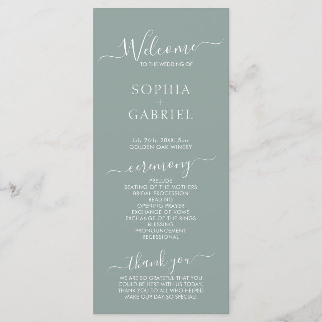 Chic Calligraphy Sage Green Wedding Zeremonie Programm (Vorderseite)