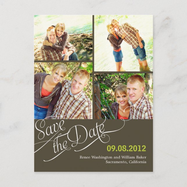 Chic Calligraphy Save the Date Postcard - Grau Ankündigungspostkarte (Vorderseite)