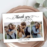 Chic Calligraphy Script 3 Foto Collage Wedding Dankeskarte<br><div class="desc">Elegante moderne Kalligrafie Chic Script Foto Hochzeit Dankeschön Karte. Stilvolle Hochzeit danke Ihnen Vorlage mit 3 Foto auf der Vorderseite mit dem Text "Danke" in einem Wirblen whimsical Hand Schrift Schrift Swash Schwanz Schriftart. 2-seitige Karte am hinteren Foto (1). Einfaches Personalisieren Ihres Namens und Dankeschön Nachricht. Wenn Sie lieber Ihre...</div>