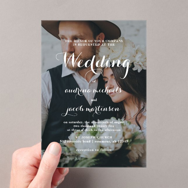 Chic Calligraphy Script Classic Foto Wedding Acryleinladungen (Insitu (Handheld))
