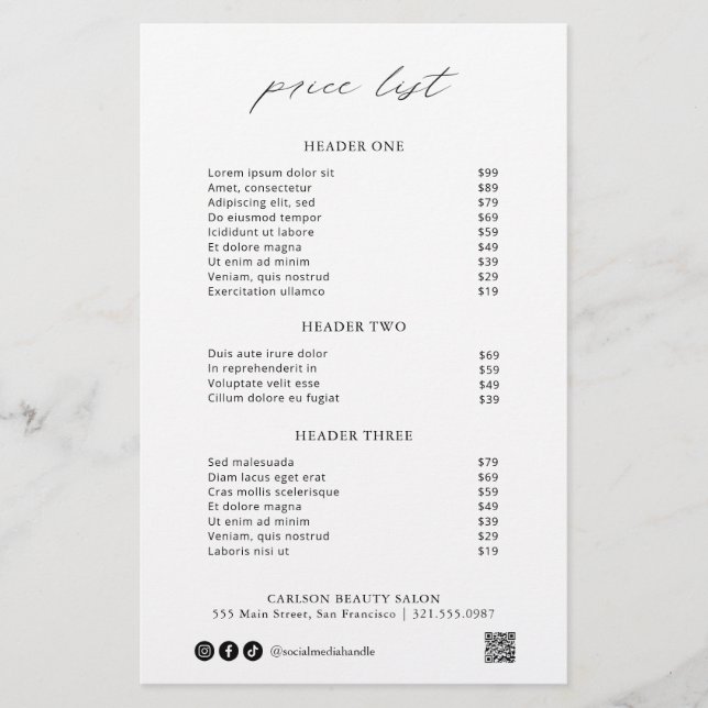 Chic Calligraphy Simple Elegant Price List (Vorderseite)