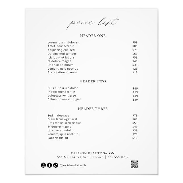 Chic Calligraphy Simple Elegant Price List Fotodruck (Vorne)