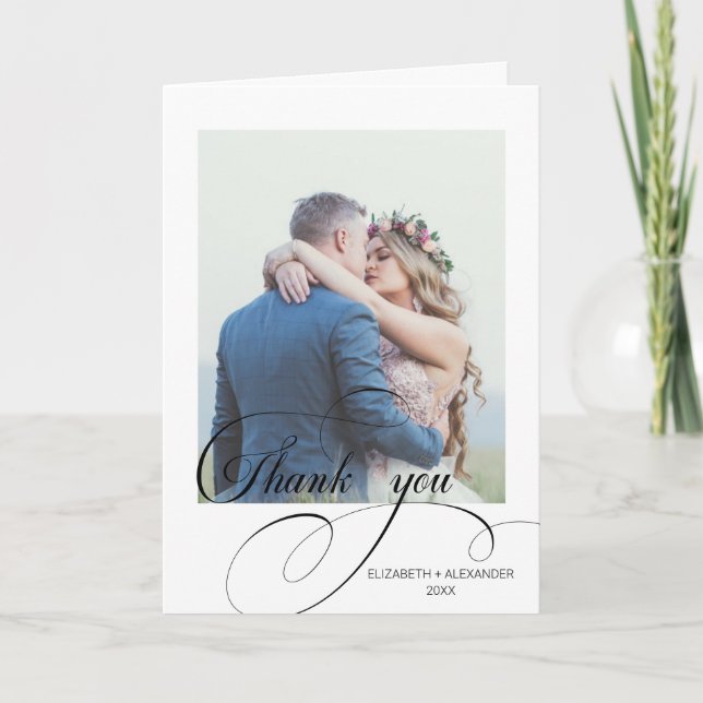 Chic Calligraphy Wedding Foto Danke-Card Dankeskarte (Vorderseite)