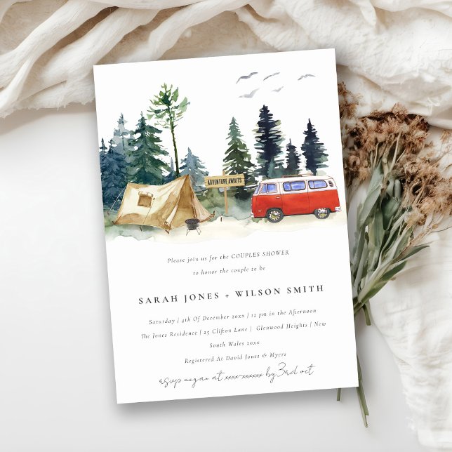 Chic Camping Aquarell Pine Forest Couples Dusche Einladung (Von Creator hochgeladen)