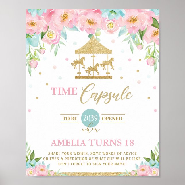 Chic Carousel Pink Minze Floral Time Kapsel Zeiche Poster (Vorne)