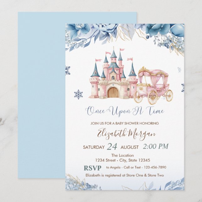 Chic Castle,Carriage Blue Flowers Baby Shower Einladung (Vorne/Hinten)