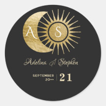 Chic Celestial Black Gold Sun Moon Monogram Wappen